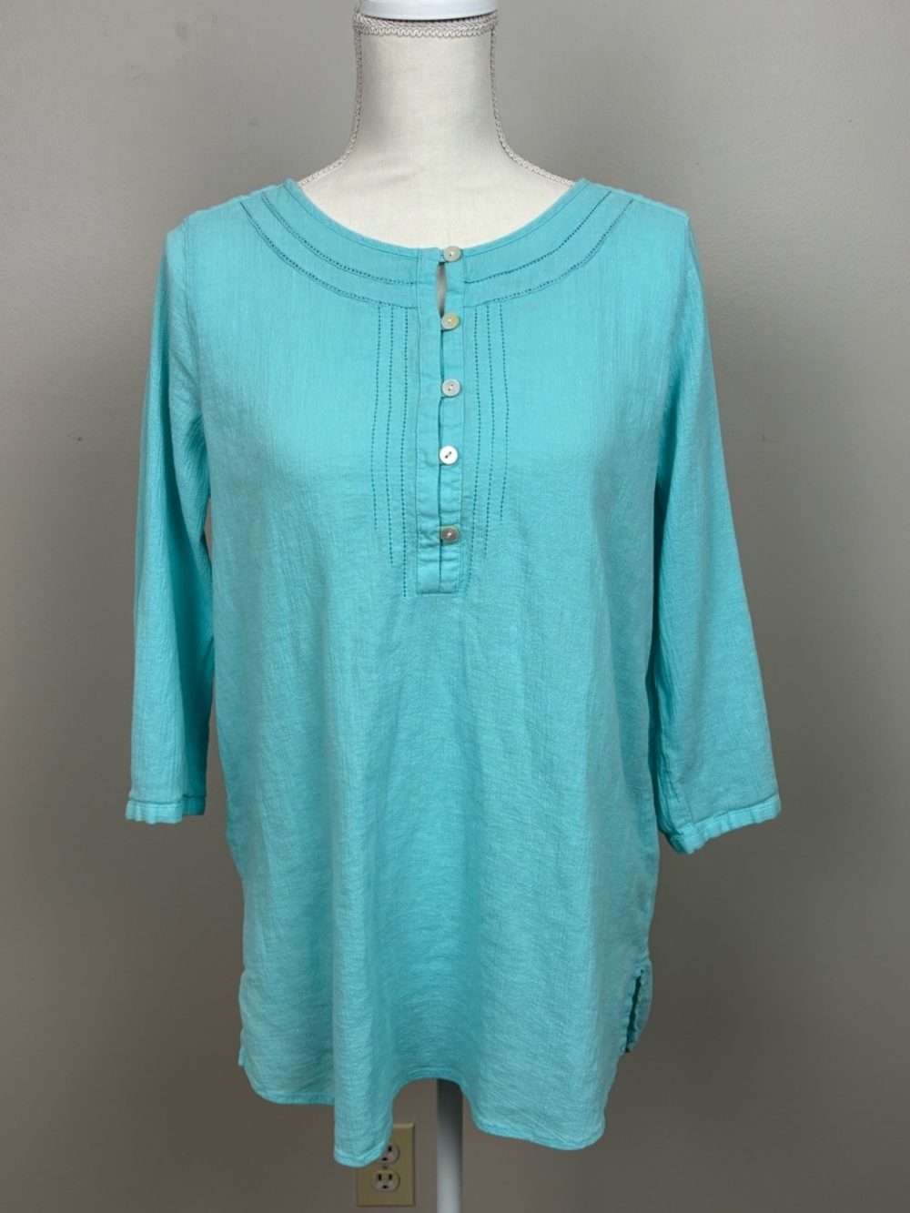 J Jill Top Medium Turquoise Popover 3/4 Sleeve Relaxed Cotton Blouse Womens